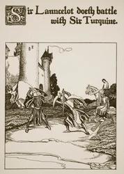 Sir Launcelot kæmper mod Sir Turquine, illustration fra "Historien om Mesterne fra det runde bord